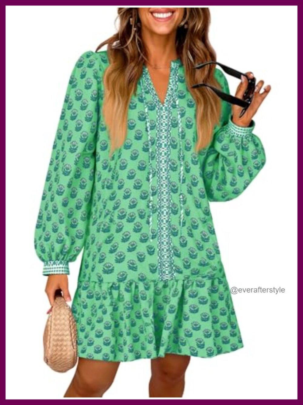 Womens Long Sleeve Mini Dress Floral V Neck Ruffle Casual